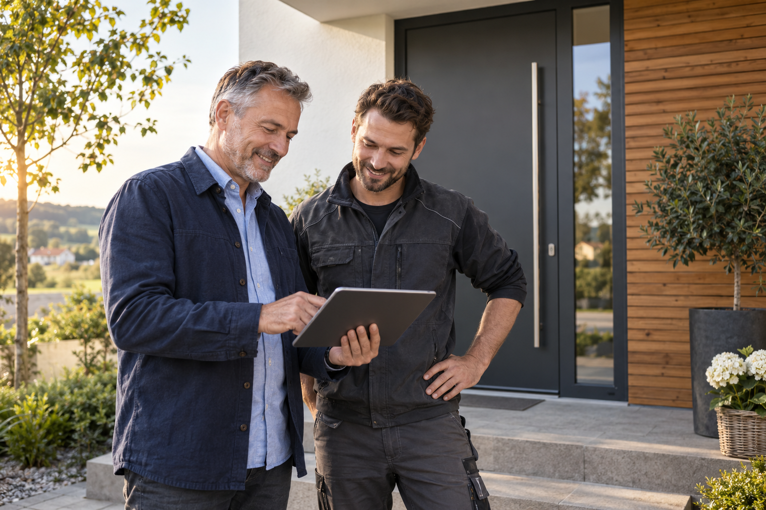 Zwei Handwerker besprechen eine Haustürplanung an einem Hauseingang.